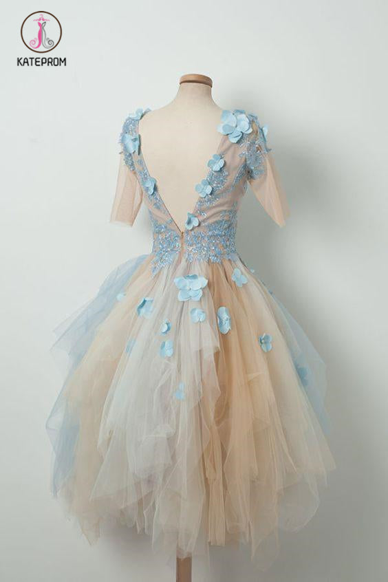 Cute V Neck Half Sleeves Tulle Short Prom Dress, Asymmetrical Homecoming Dresses KPH0332