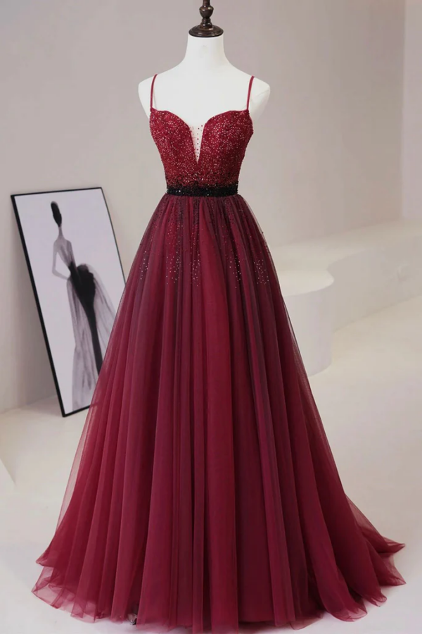 A Line V Neck Beaded Burgundy Tulle Long Prom Dress, Beaded Burgundy Formal Graduation Evening Dress KPP1710