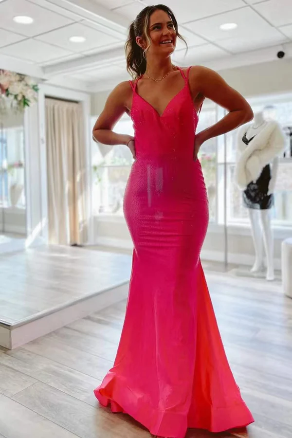 Gorgeous Hot Pink Satin Mermaid Long Prom Dress With Tiered, Formal Dress KPP1655