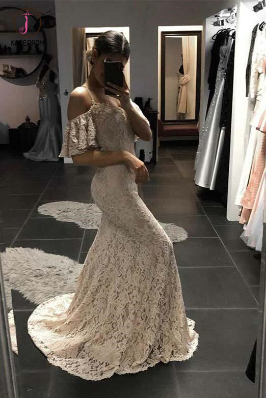 Ivory Mermaid Spaghetti Straps Open Back Lace Prom Dress, Lace Wedding Dress KPP0714
