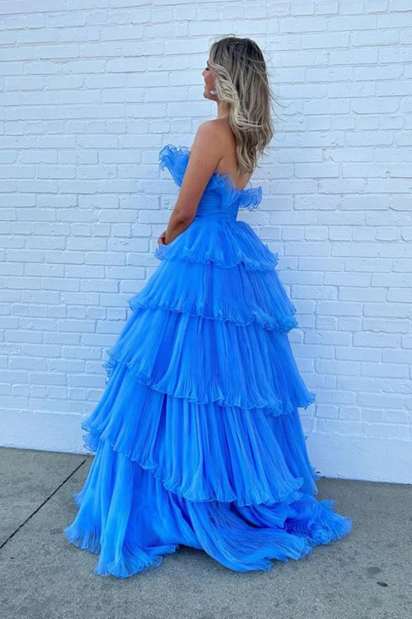 Strapless Layered Blue Long Prom Dresses, Open Back Blue Formal Evening Dresses, Blue Ball Gown KPP1740