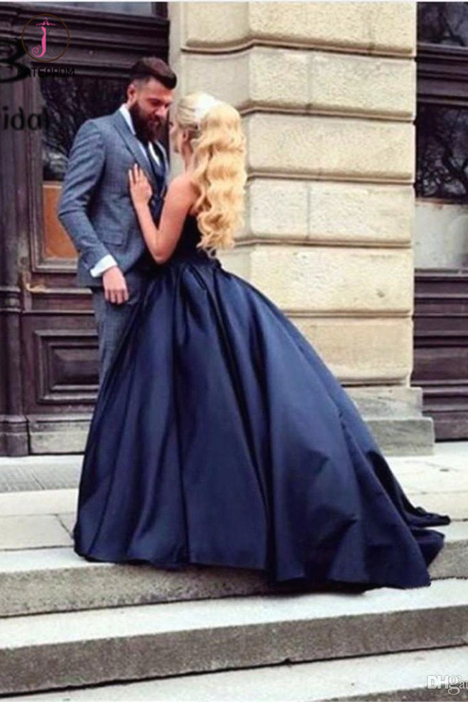 Navy Blue Ball Gown Sweetheart Prom Dress, Princess Satin Strapless Long Prom Gown KPP0809