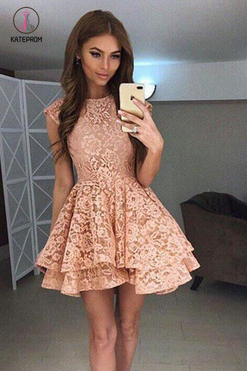 A-Line Round Neck Lace Mini Prom Dress,Cute Lace Short Homecoming Dress KPH0283