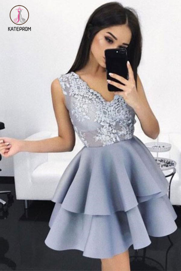 See Through Two Layers Sleeveless V Neck Homecoming Dress, Short Lace Appliqued Prom Dress KPH0295