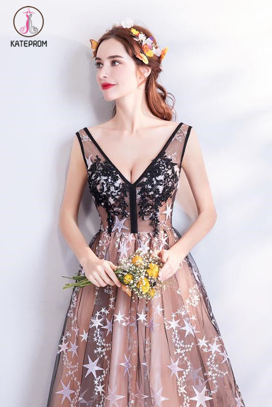 Charming Floor Length Sleeveless Prom Dress with Stars, A Line Appliques Evening Dress KPP1067