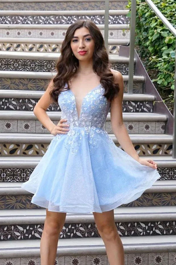 Cute V Neck Light Blue Lace Floral Short Prom Homecoming Dresses KPH0616