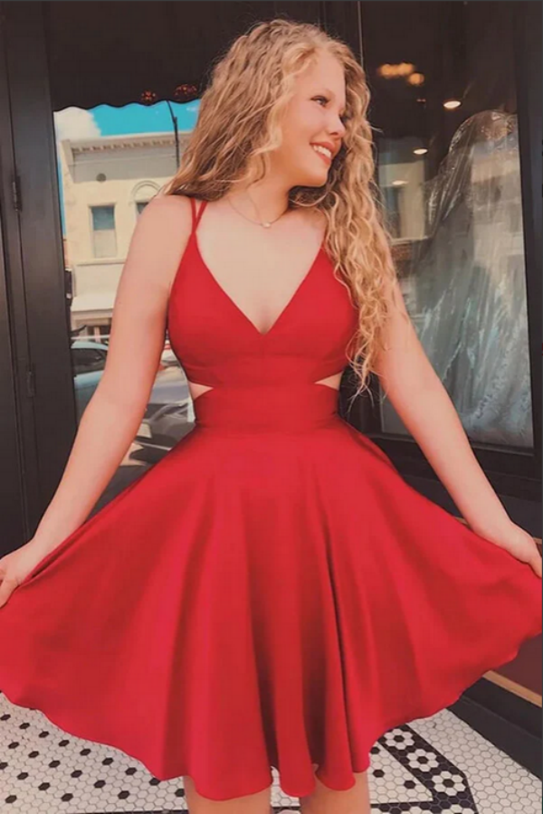 Red A line V neck Spaghetti Straps Homecoming Dresses, Graduation Dress KPH0639