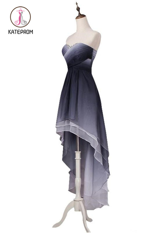 High Low Sweetheart Ombre Prom Dress, Unique Pleated Homecoming Dress with Sequins KPP0872