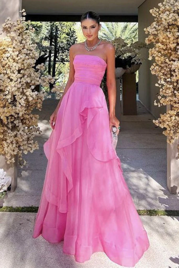 Elegant Strapless Layered Pink Prom Dresses Long, Strapless Pink Formal Graduation Evening Dresses KPP1744