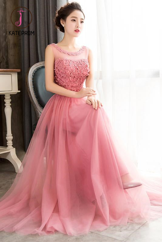 Pink Sleeveless Prom Dress with Flowers, A Line Floor Length Tulle Evening Dress KPP0941
