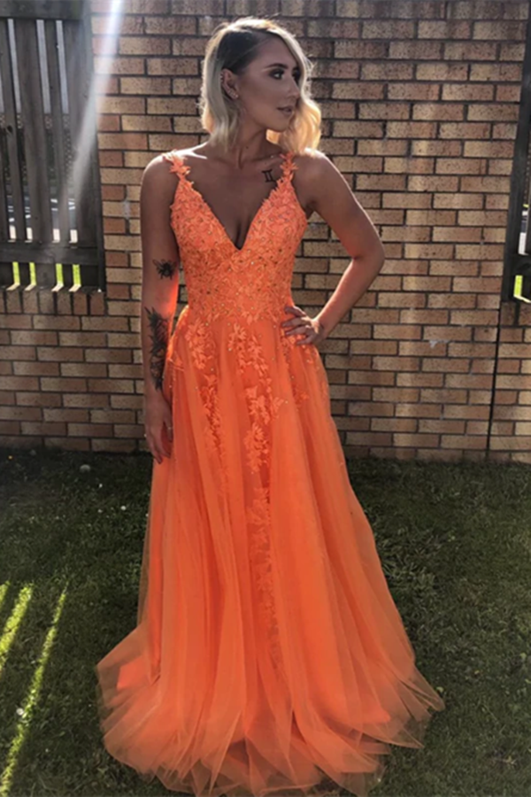 A Line V Neck Backless Lace Appliques Orange Prom Dresses, Formal Dresses KPP1526