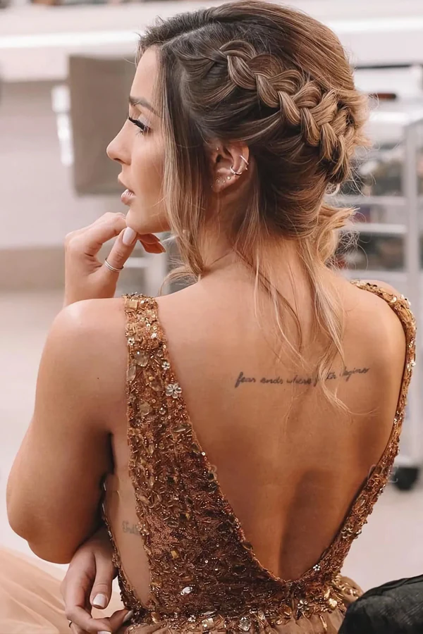 Backless Long A Line Brown Beaded Sweetheart Tulle Prom Dresses KPP1682