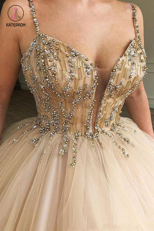Sparkly Spaghetti Strap Beaded Ball Gown Prom Dress, Long Tulle Quinceanera Dresses KPP0726