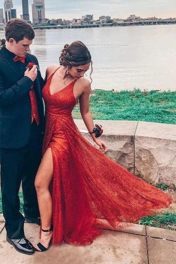Sparkly V Neck A Line Red Spaghetti Straps Prom Dresses with Slit, Evening Dresses KPP1377