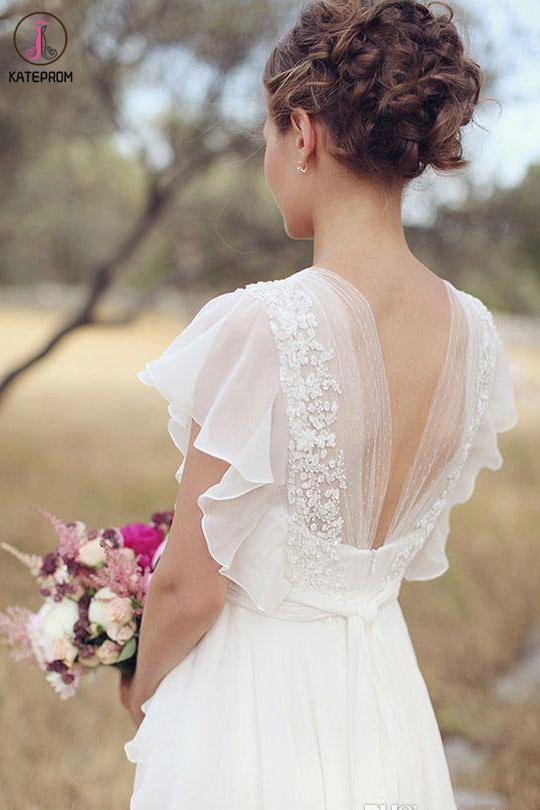 Ivory V Neck Chiffon Boho Wedding Dress, Unique Cap Sleeves Beach Wedding Dress with Ruffles KPW0564