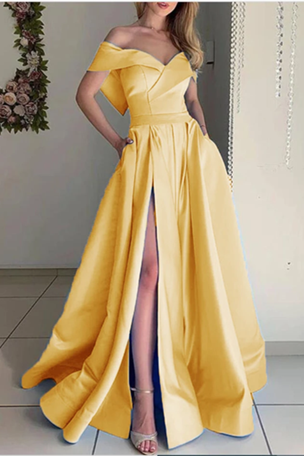 Stunning Sky Baby Blue off the Shoulder Pocket A Line Satin Prom Long Graduation Party Dress KPP1393