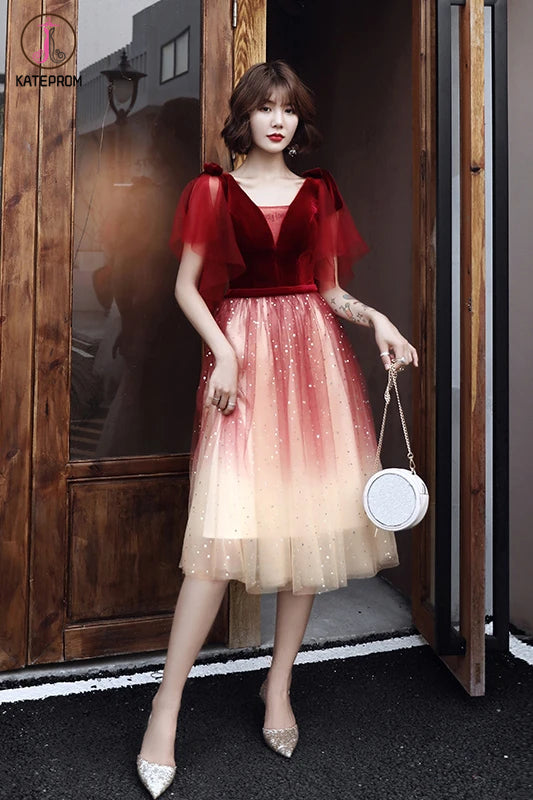 Red V Neck Short Sleeves Tulle Sparkly Prom Dress, Homecoming Dresses KPP1291