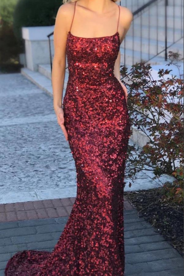 Sparkly Sequins Sheath Scoop Spaghetti Straps Sweep Train Prom Dresses KPP1656