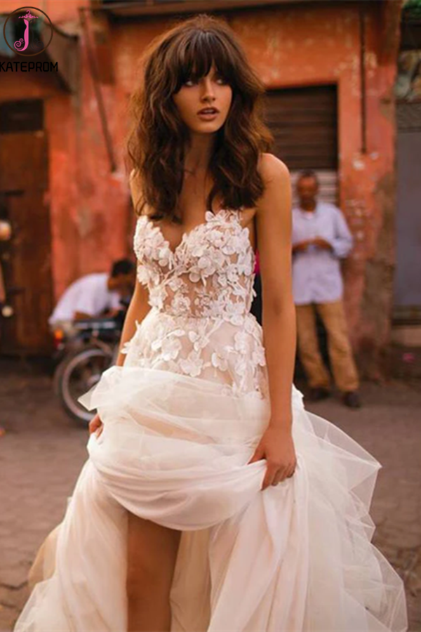 A-line Spaghetti Straps Applique Gorgeous Wedding Dress Sweep/Brush Train Modest Bride Gowns KPW0619