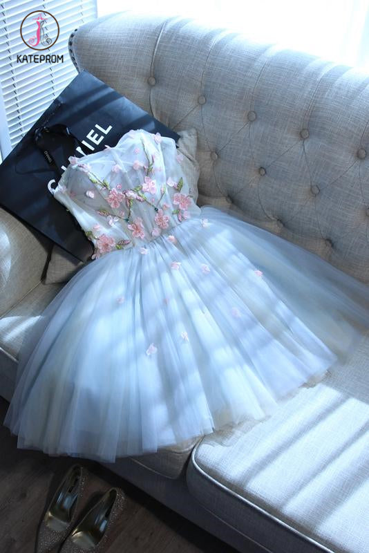 Beautiful Sweetheart Tulle Graduation Dress with Flower, A Line Strapless Cute Homecoming Dress KPH0350