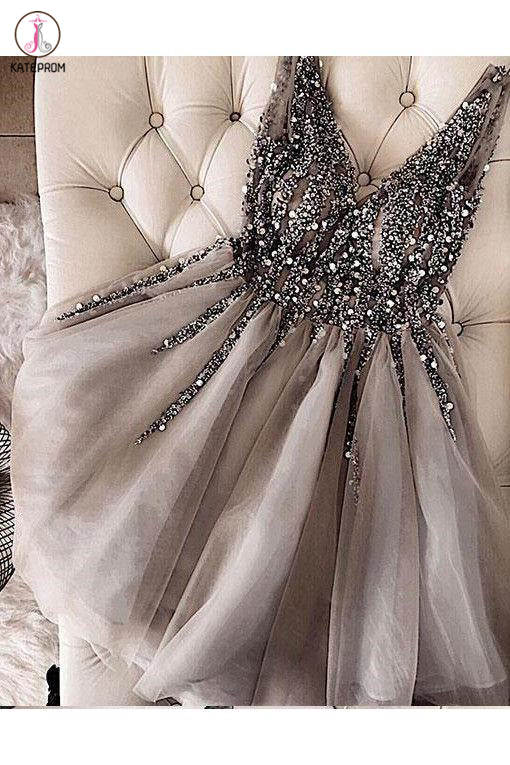 Sparkle Sequined Homecoming Dress, A Line V Neck Tulle Short Prom Dresses KPH0443