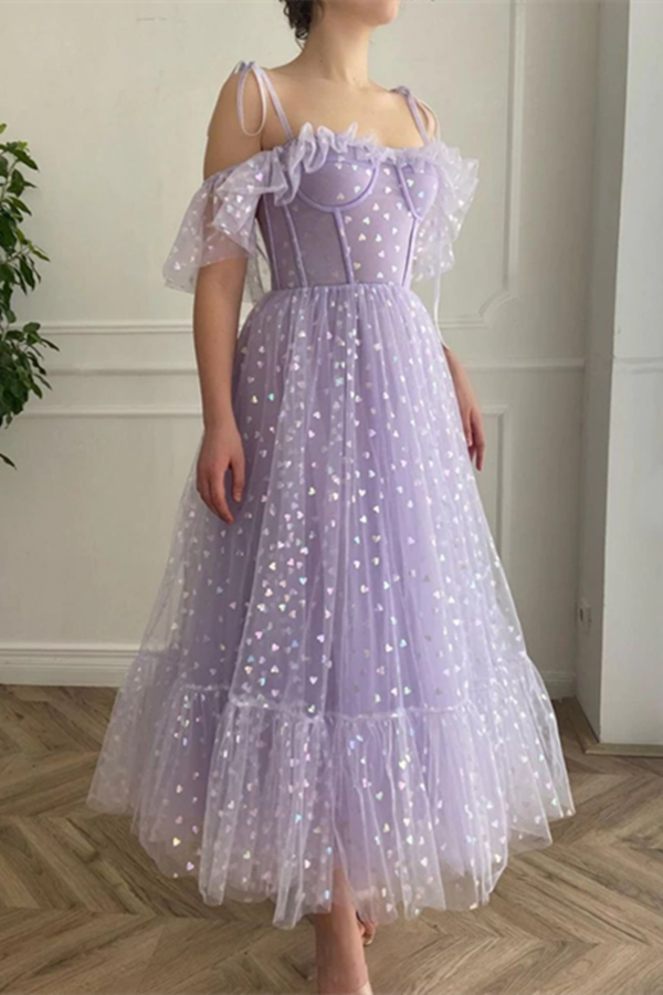 A line Off the shoulder Tea Length Prom Dress Applique Homecoming Dress KPP1590