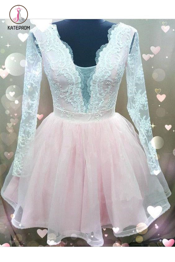 Pearl Pink A Line Long Sleeves V Neck Short Homecoming Dress with Lace Appliques KPH0313