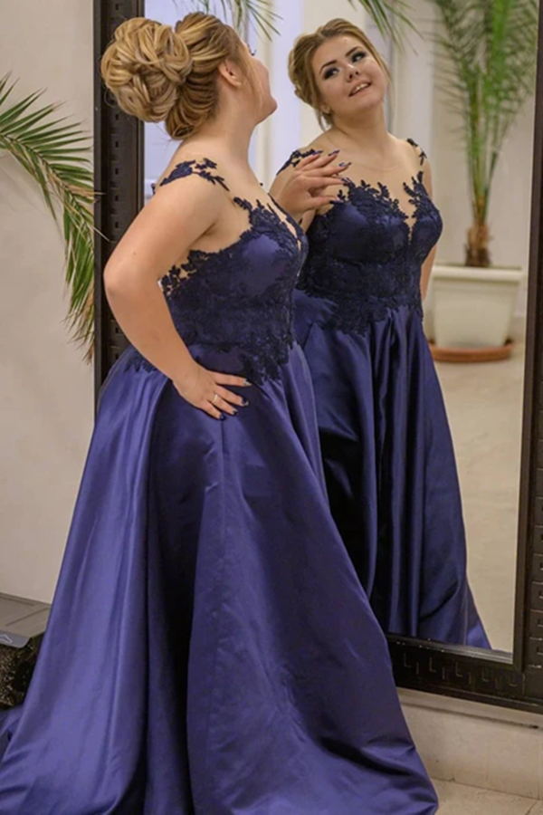 Delicate Scoop Satin Sweep Train Prom Dresses With Appliques KPP1430