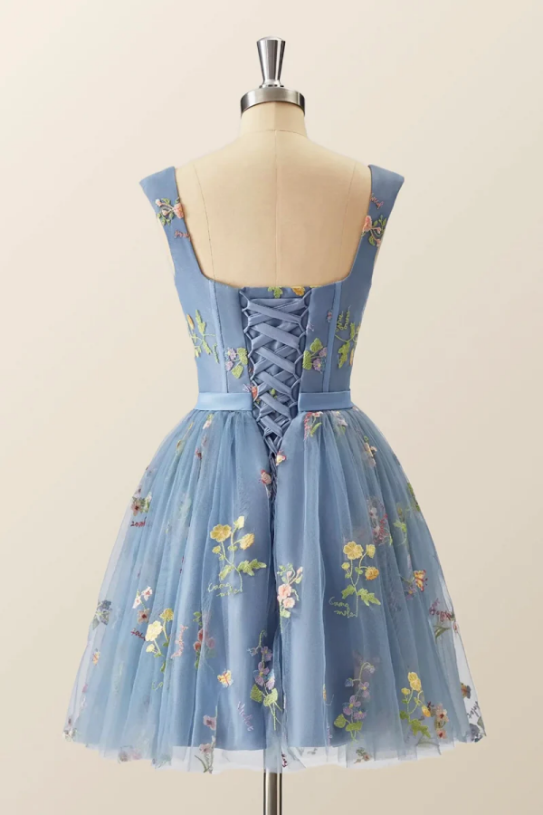 Blue Knee Length Tulle Party Dress, Cute Blue Floral Tulle Homecoming Dress KPH0714