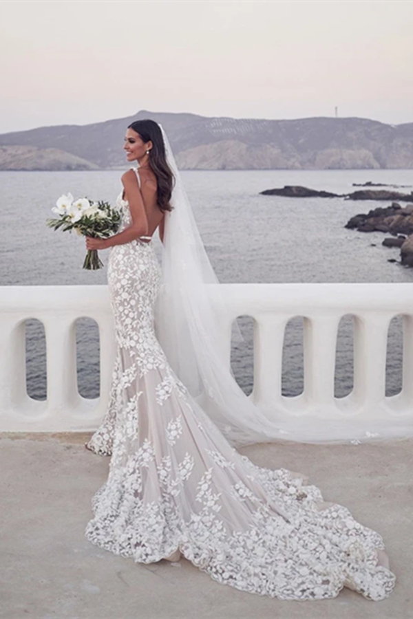Spaghetti Straps Mermaid Wedding Dresses Lace Appliqued Gowns KPW0656