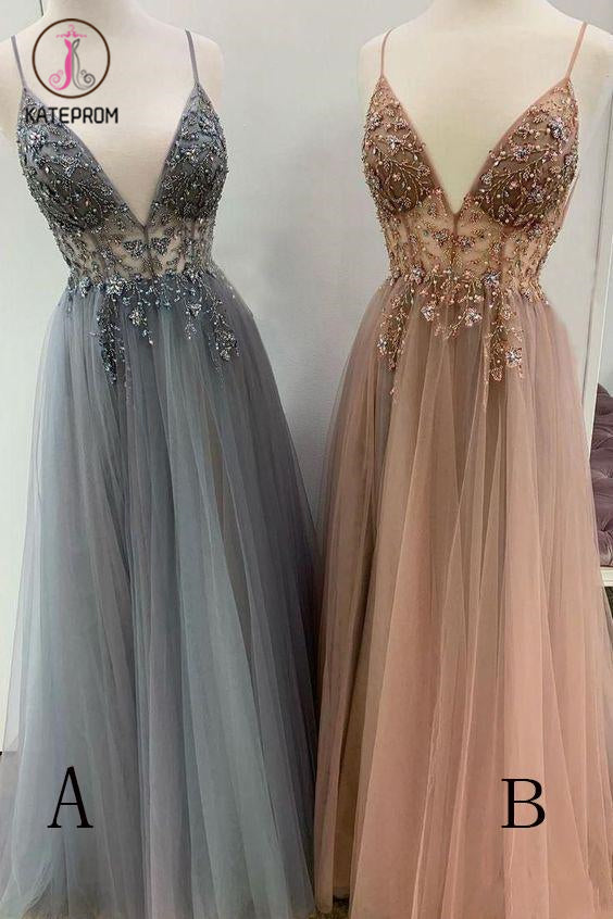 Spaghetti Straps Floor Length Beading Prom Dress with Rhinestone, Floor Length Evening Dress KPP1219