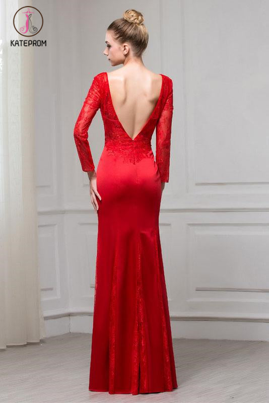 Red Long Sleeves V Neck Mermaid Floor Length Evening Dress with Lace KPP1084