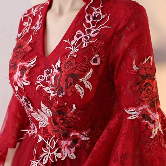 A line V neck Chic Tulle Burgundy Applique Long Prom Dress Evening Dress KPP1359