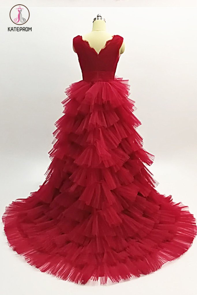 Burgundy Tulle Layered Long Evening Dress, A Line V Neck Tiered Tulle Prom Dress KPP0737