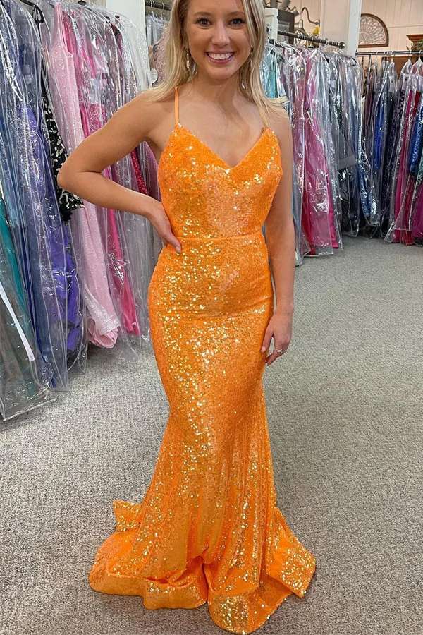 Sparkle Orange Sequin Mermaid Long Prom Formal Dress KPP1560