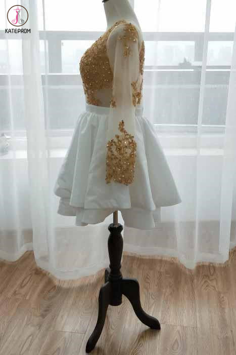 White Long Sleeve Homecoming Dress with Gold Lace Appliques, V Neck Short Prom Dress KPH0513