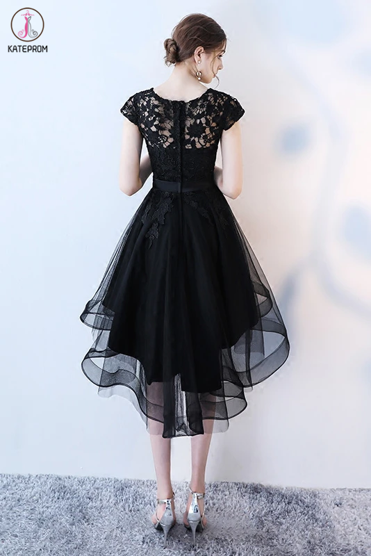 Black High Low Prom Dress, A Line Tulle Black Dress with Lace, Cap Sleeve Homecoming Dress KPH0484