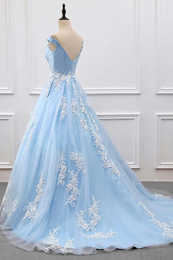 Chic A line V neck Light Sky Blue Tulle Applique Modest Prom Dress Evening Dress KPP1615