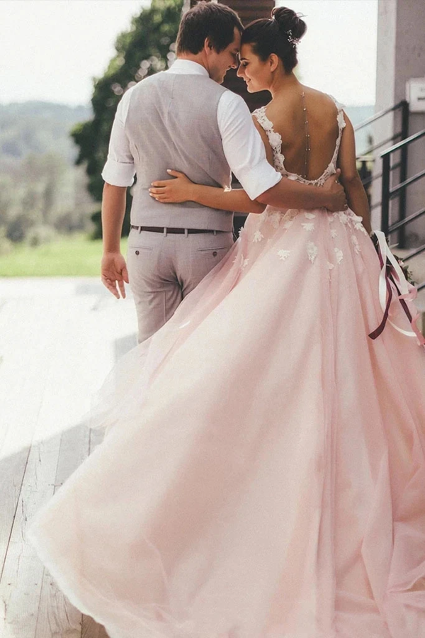 Sheer Round Neck Pink Wedding Dresses Backless Bridal Gown With Lace Appliques KPW0672