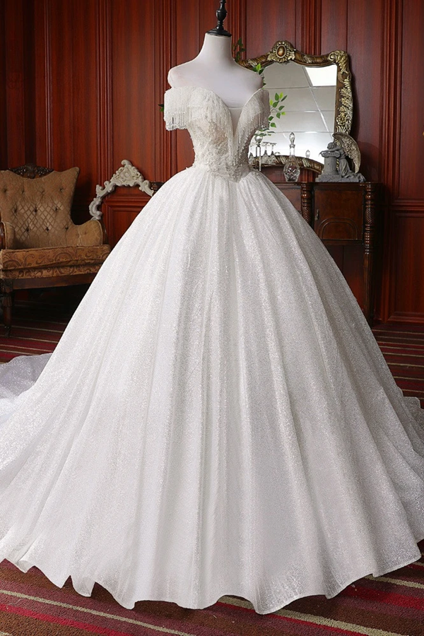 Pretty Off The Shoulder Ball Gown Beading Wedding Dresses Modest Bridal Gown KPW0642