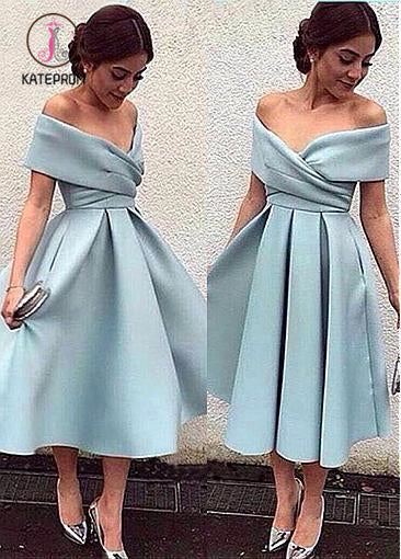 Green Off the Shoulder Tea Length Satin Homecoming Dress, Cute Senior Prom Dress KPP0869