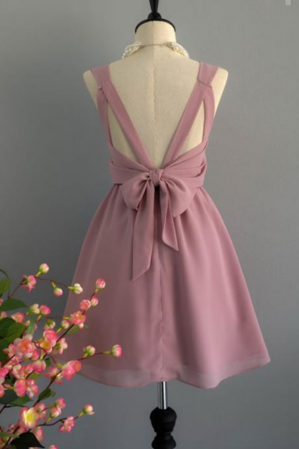 Backless Dusty Rose Homecoming Dresses Chiffon Short Bridesmaid Dress KPH0668
