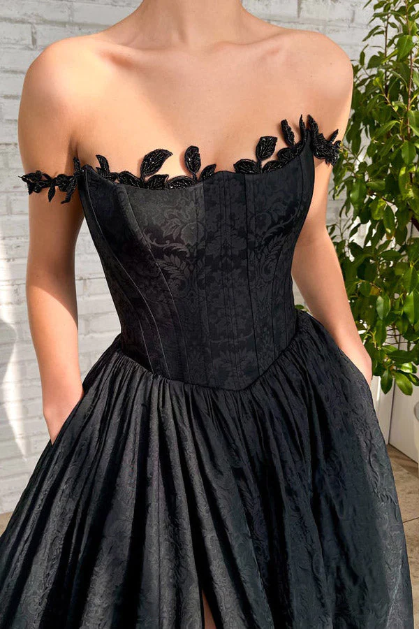 A Line Black Taffeta Split Long Prom Evening Dress With Pockets KPP1692
