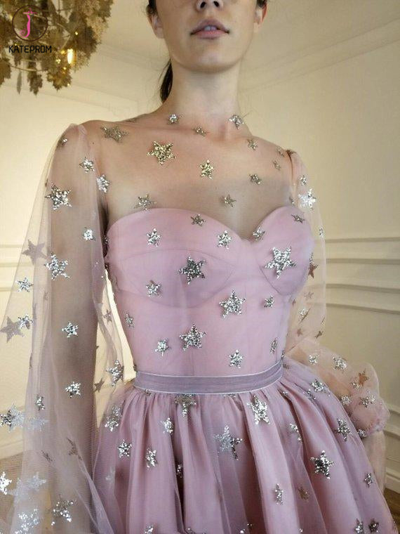 Sparkly Long Sleeve Short Party Dress, Unique Sheer Neck Mini Homecoming Dress KPH0455