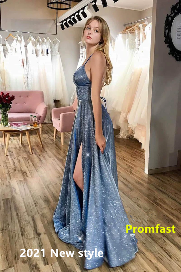 Sparkly Spaghetti Straps Prom Dresses, Graduation Dress With Split KPP1351