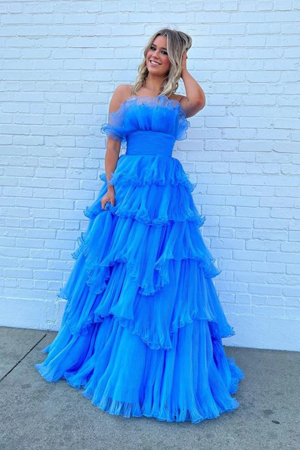 Strapless Layered Blue Long Prom Dresses, Open Back Blue Formal Evening Dresses, Blue Ball Gown KPP1740