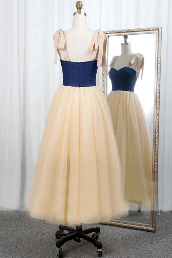 Simple Sweetheart Spaghetti Straps Prom Dresses Tulle Tea Length Evening Dresses KPP1383