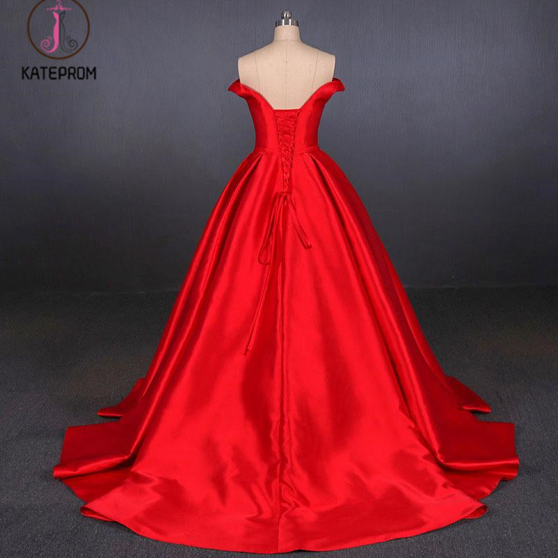 Puffy Off the Shoulder Red Satin Prom Dress, A Line Party Dress with Belt KPP1096