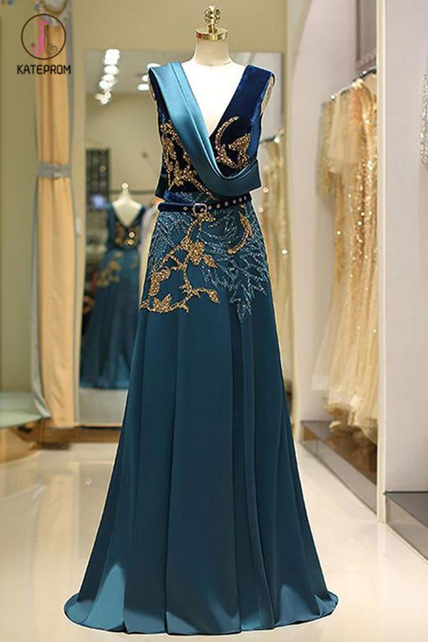 Sparkly V Neck Long Satin Prom Dress with Sequin Belt Beading Evening Dress KPP0721