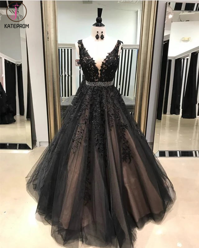 A-Line V Neck Light Gray Princess Tulle Long Prom Dresses With Bead KPP1257